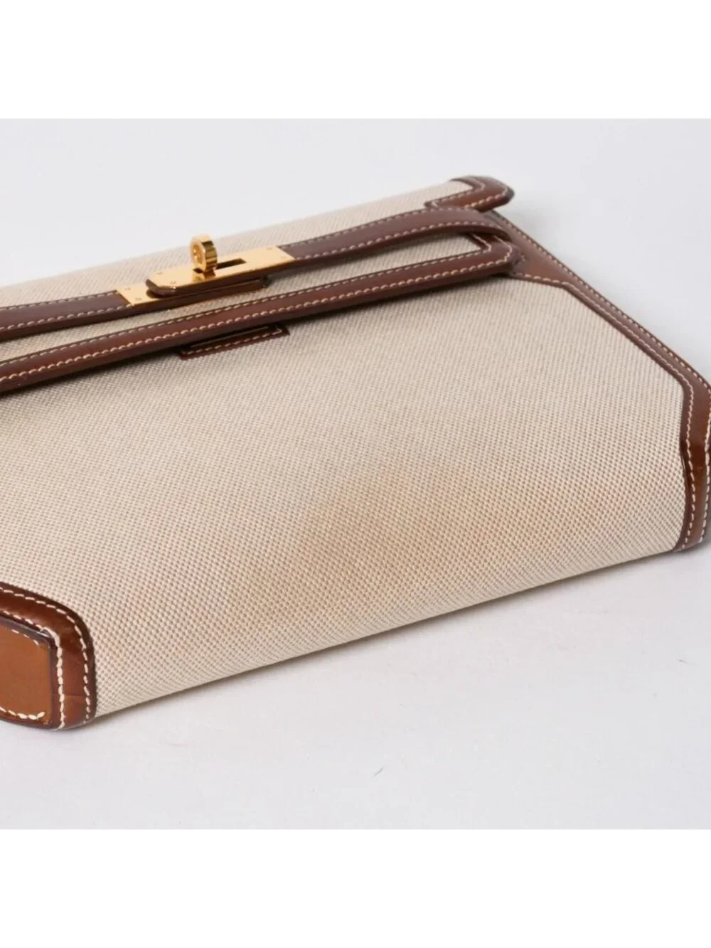 Hermes Kelly Depeches 25 Clutch Beige Brown Toile H Barenia Time